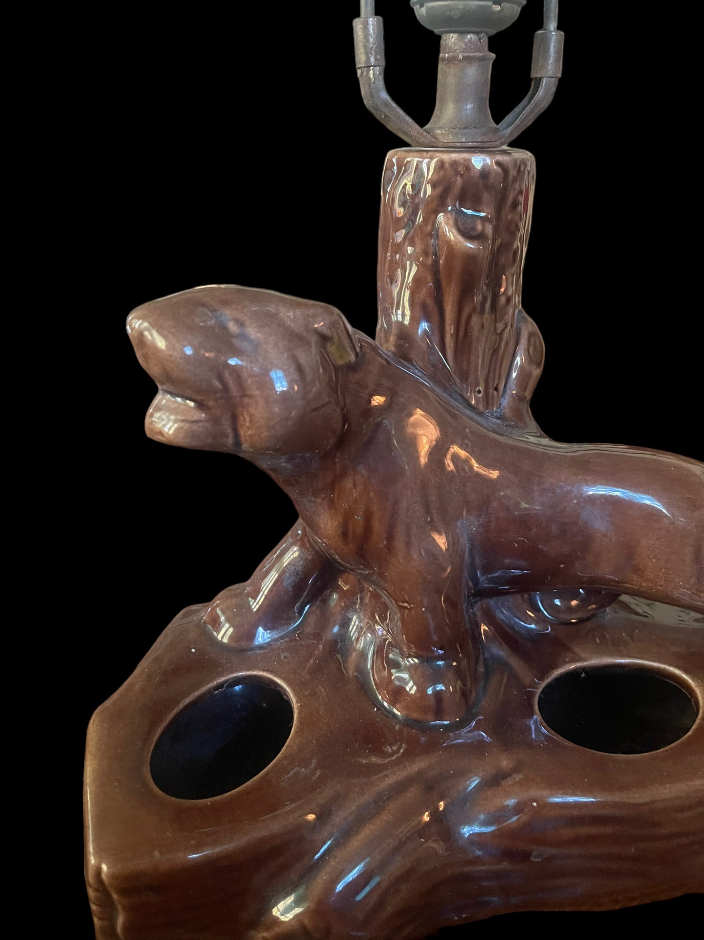 Mid Century Modern Panther Tiger Cat TV Lamp Planter Pottery - Great Condition