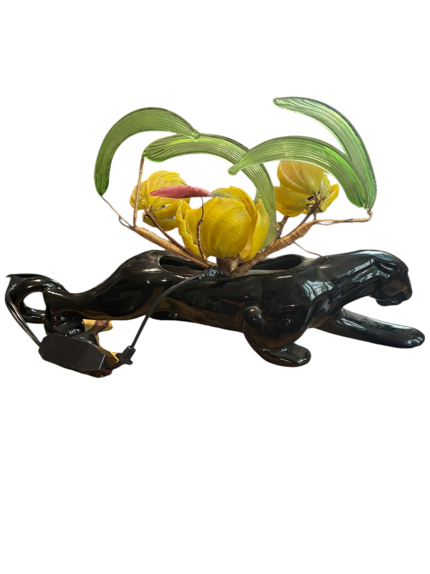 Vintage MCM Mid Century Modern Black Panther Floral Glass 15”