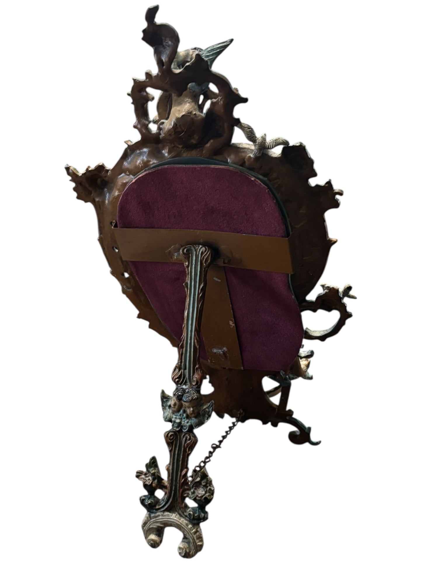 Antique Cast Iron French Gilded Ornate Cherub Mirror W/ Holy Water Well 15”