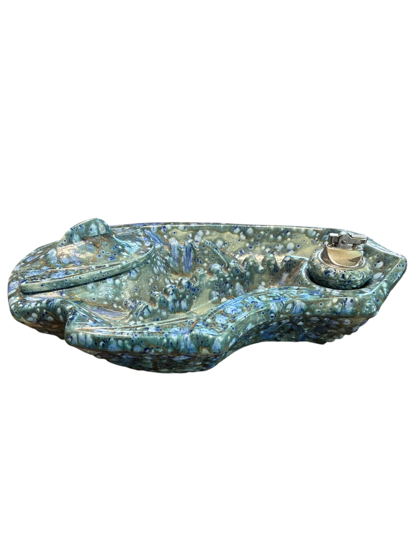 Vintage MCM Large Ceramic Blue Speckled Ashtray 3pc W/ Lighter and Box