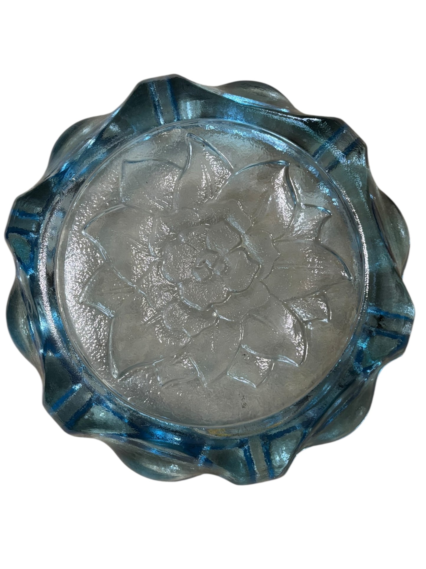 Vintage Tiara Indiana Embossed Glass Lotus Horizon Blue Ashtray 9.5”