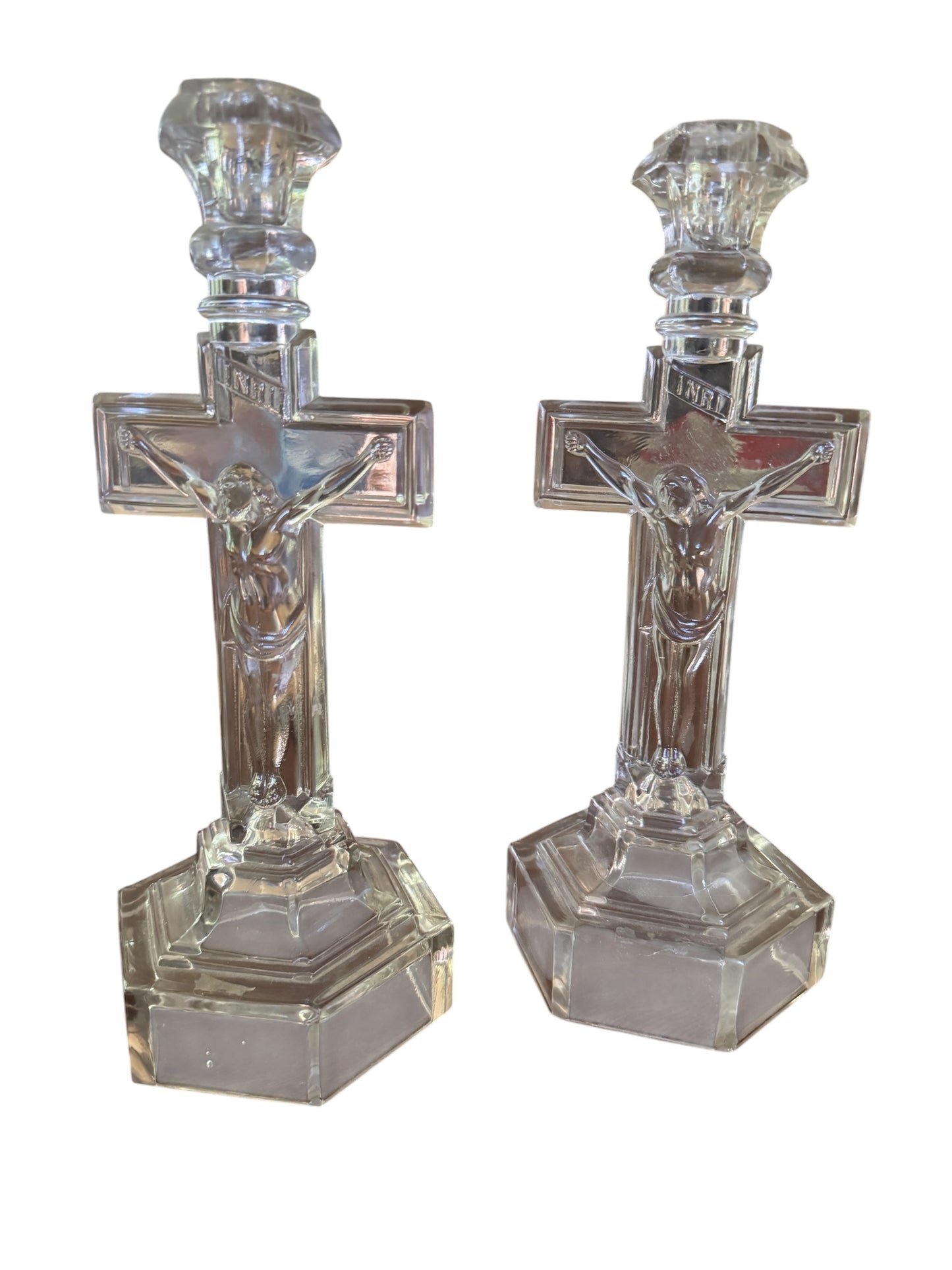 Antique 12” Glass Crucifix Candle Holders