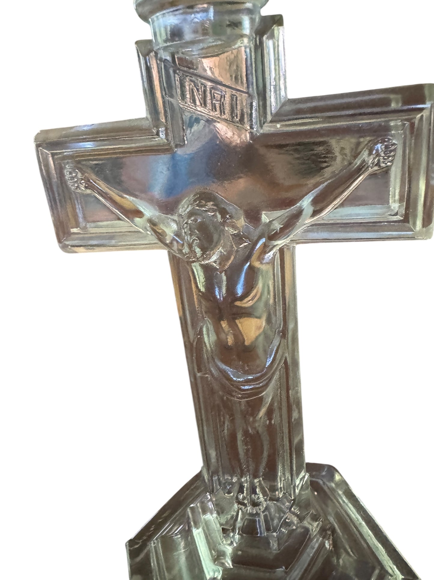 Antique 12” Glass Crucifix Candle Holders