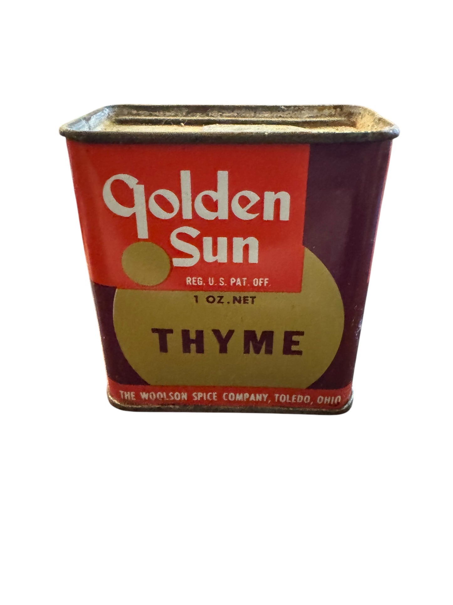 Vintage GOLDEN SUN Thyme Metal SPICE TIN WOOLSON Spice Toledo OHIO