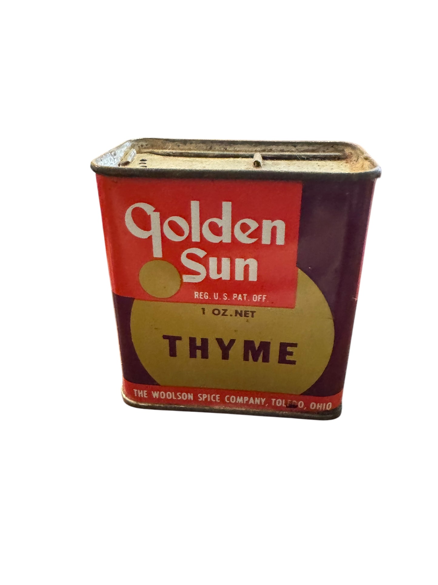 Vintage GOLDEN SUN Thyme Metal SPICE TIN WOOLSON Spice Toledo OHIO