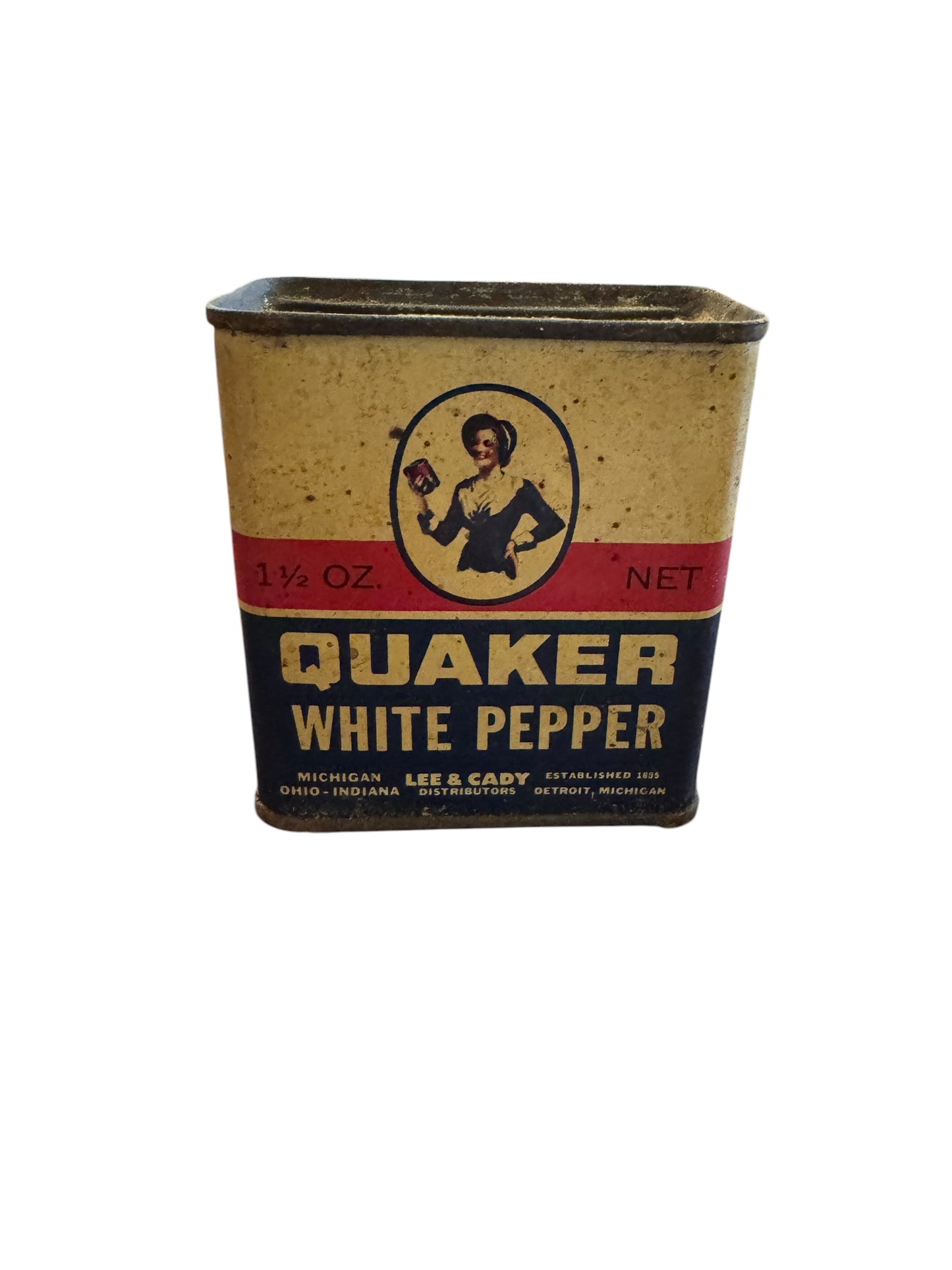 Vintage Spice White Pepper Tin Quaker Lee & Cady Distributors Detroit MI 1 1/2oz