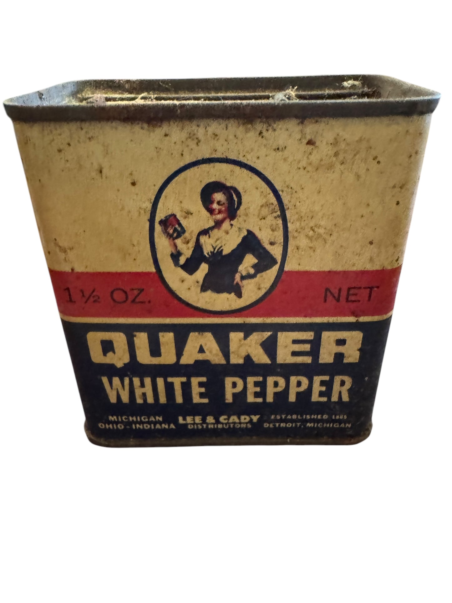Vintage Spice White Pepper Tin Quaker Lee & Cady Distributors Detroit MI 1 1/2oz