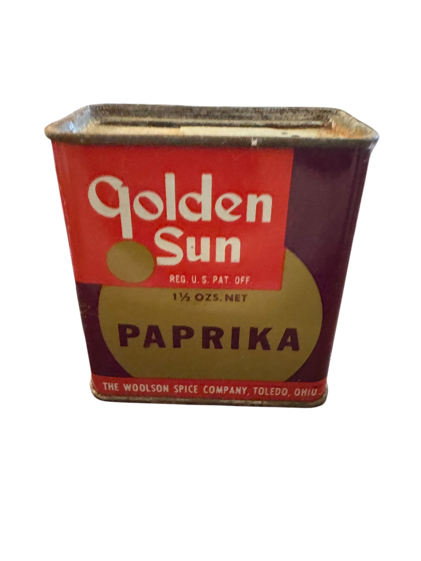 Vintage GOLDEN SUN Paprika Metal SPICE TIN WOOLSON Spice Toledo OHIO