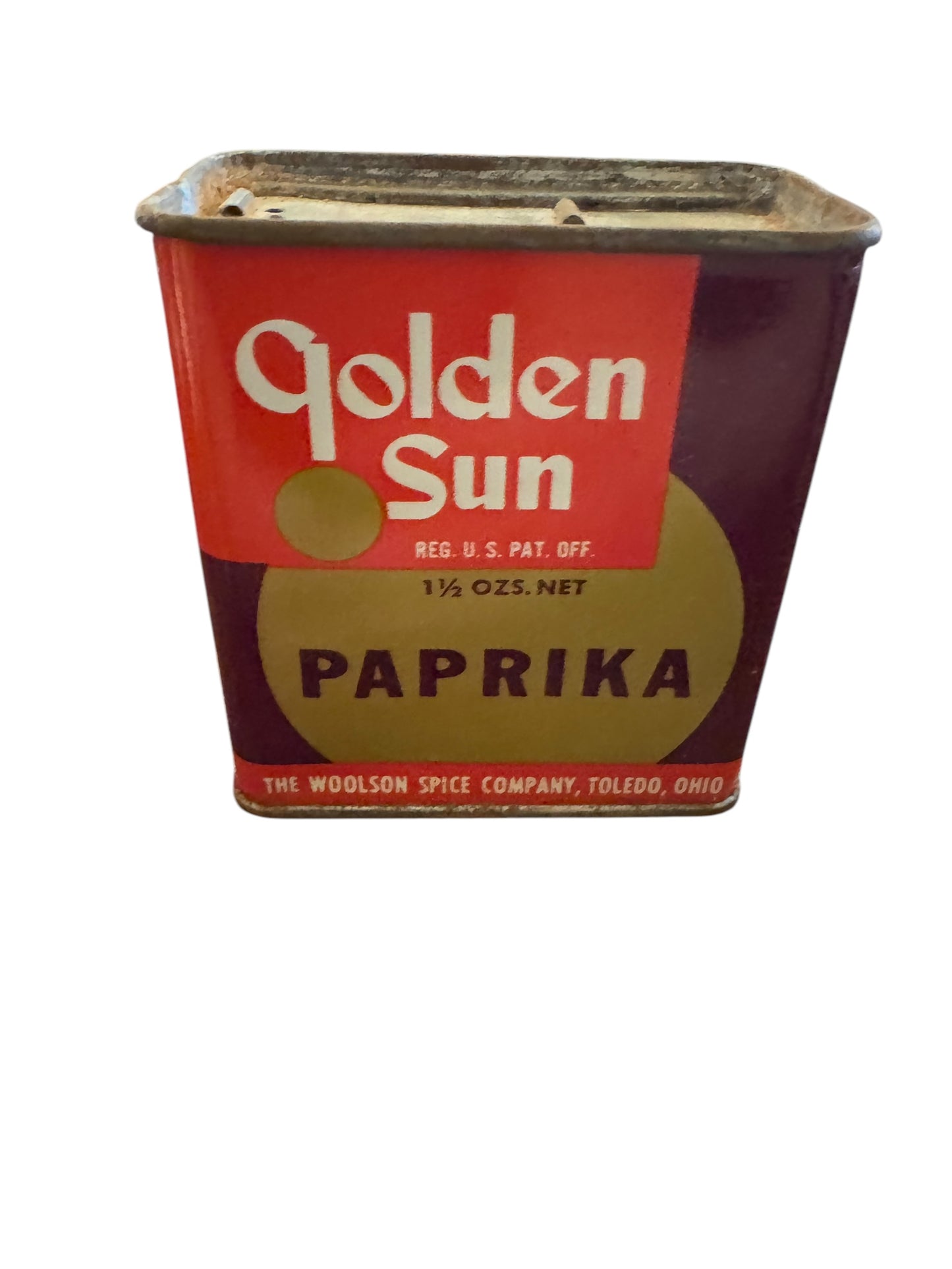 Vintage GOLDEN SUN Paprika Metal SPICE TIN WOOLSON Spice Toledo OHIO