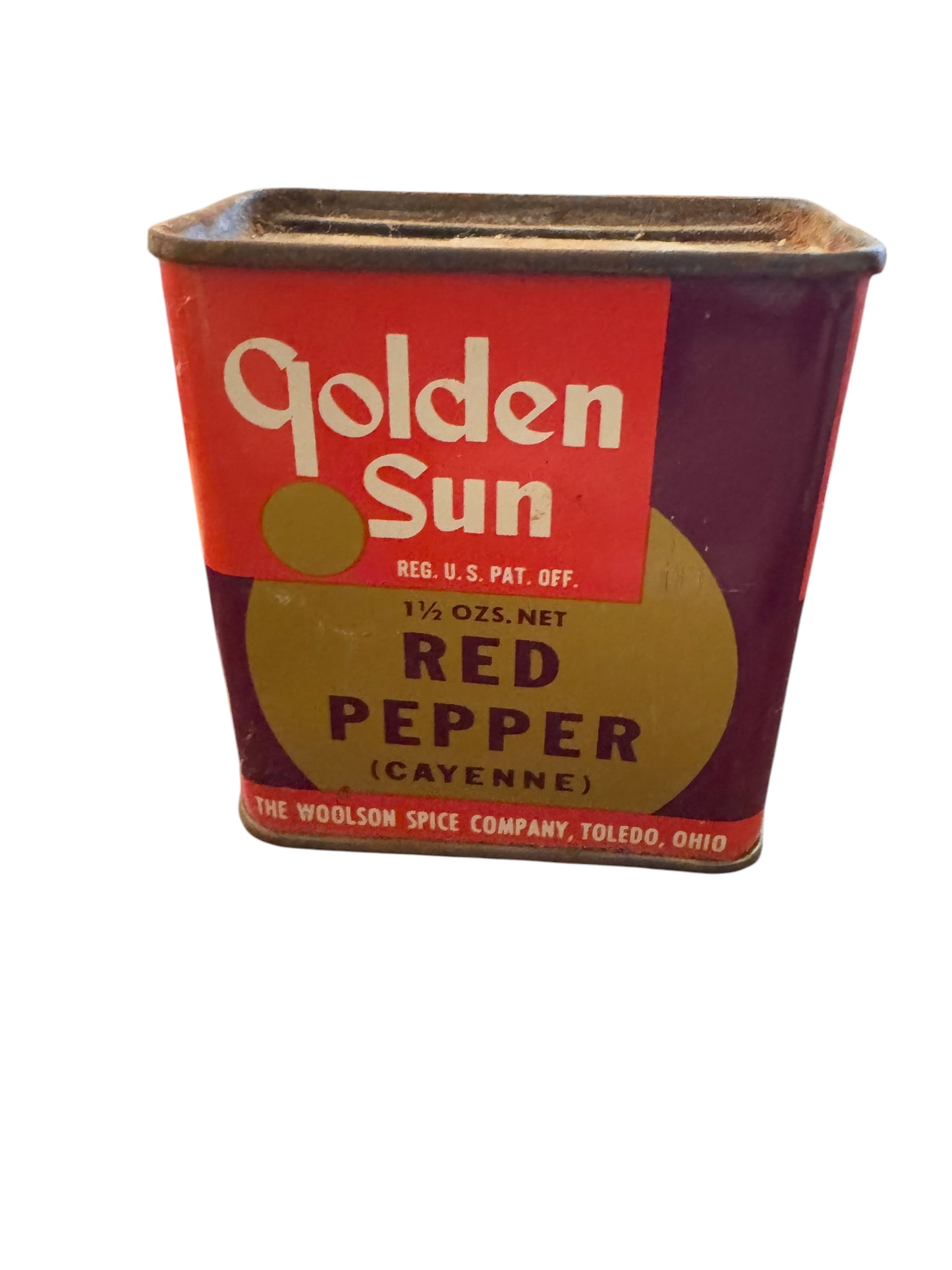 Vintage GOLDEN SUN Red Pepper Metal SPICE TIN WOOLSON Spice Toledo OHIO