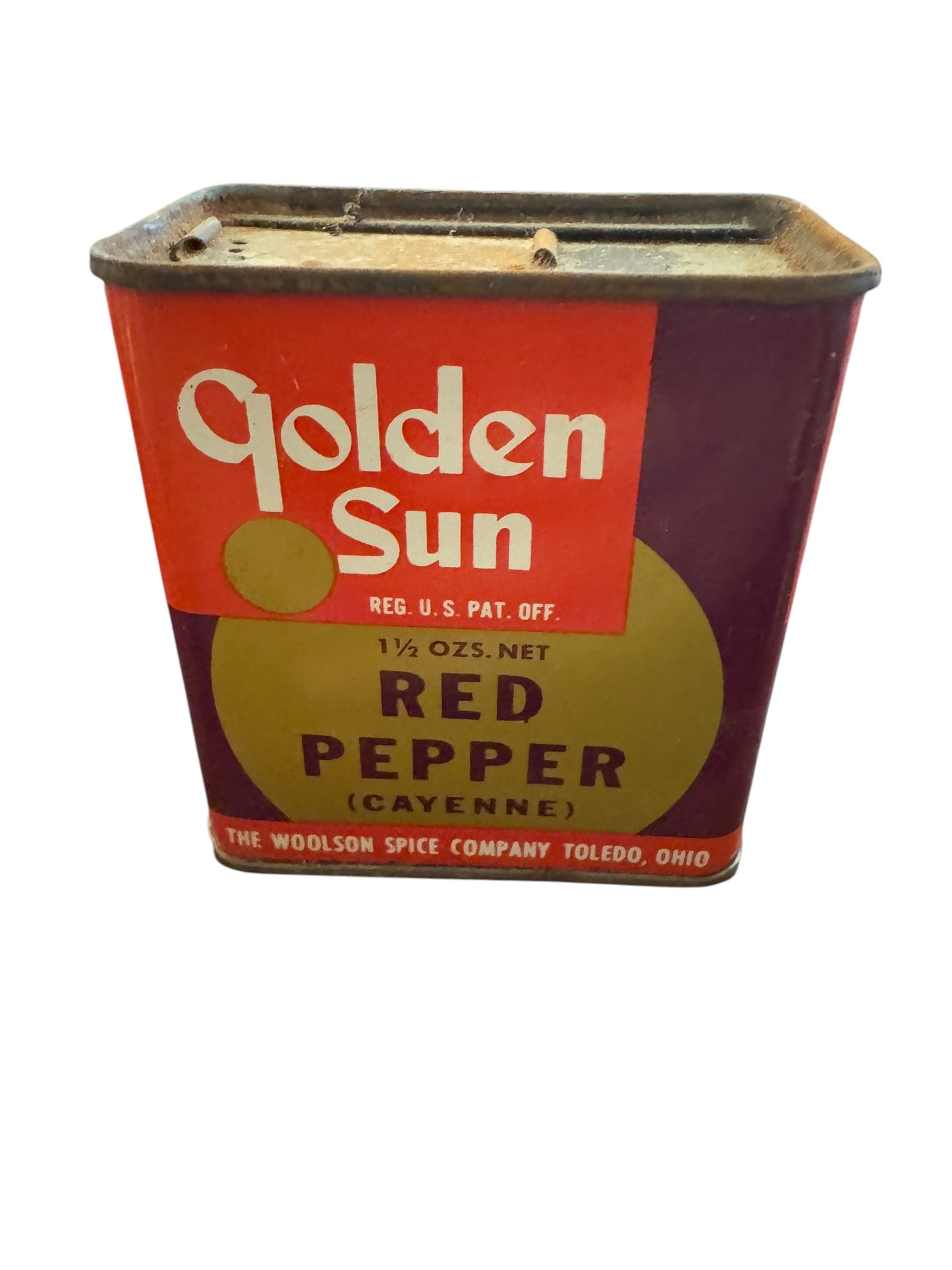 Vintage GOLDEN SUN Red Pepper Metal SPICE TIN WOOLSON Spice Toledo OHIO