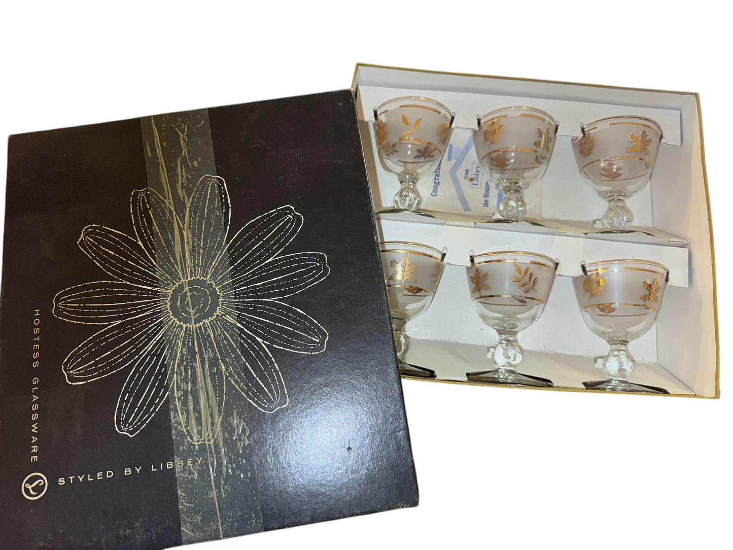 Vintage Libbey Golden Leaf 4oz Cocktail Glasses Set of 6 NEW IN BOX