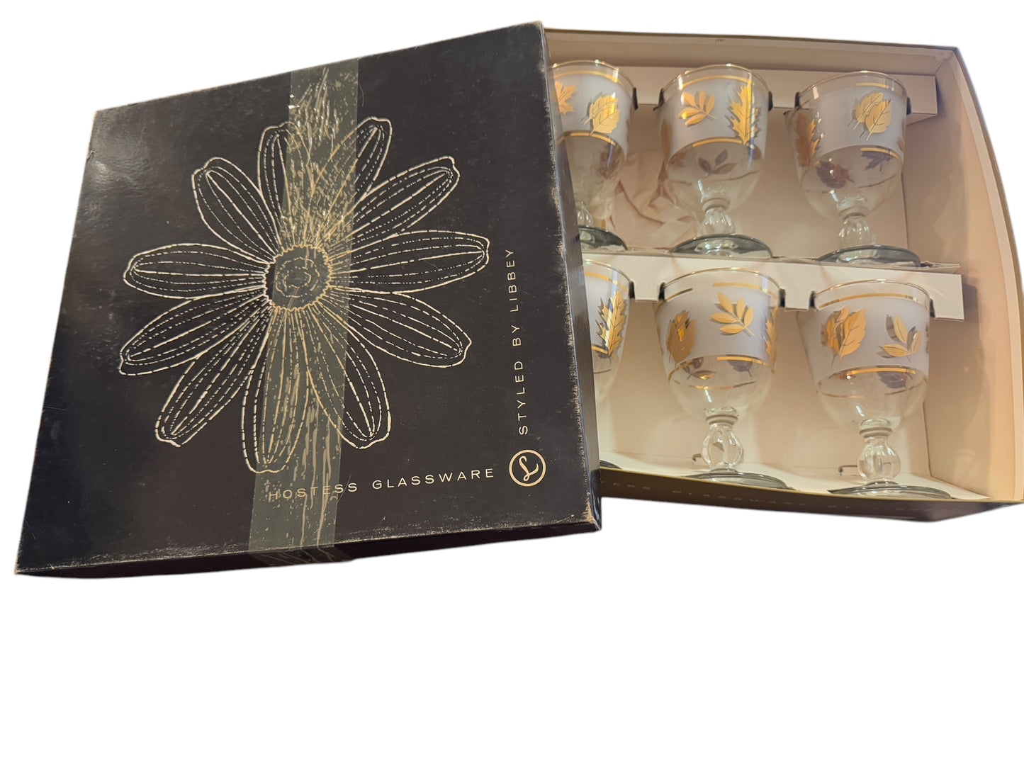 Vintage Libbey Golden Leaf 9oz Footed Goblet Set of 6 NEW IN BOX