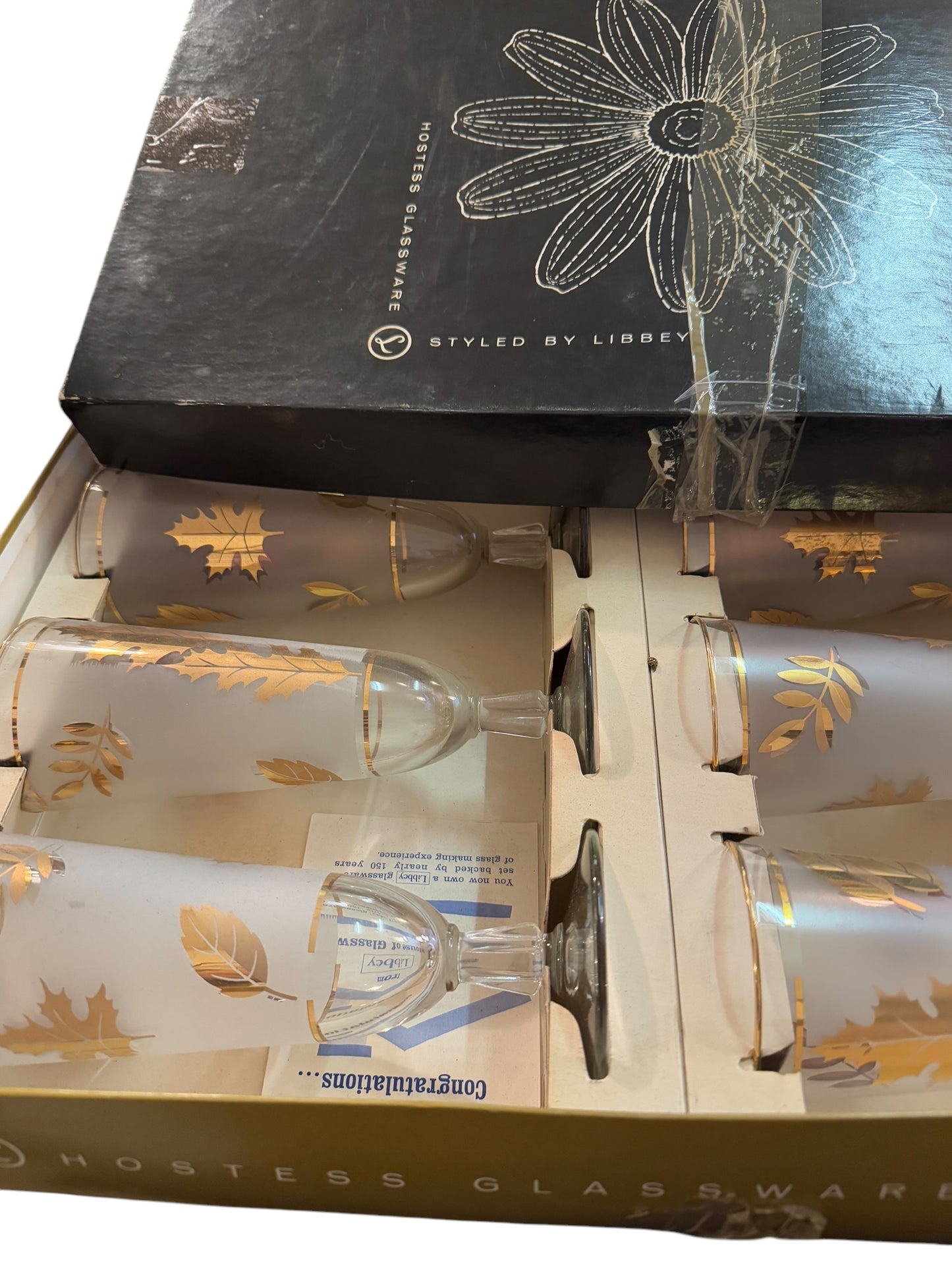 Vintage Libbey Golden Leaf 12oz Footed Pilsner Glass Set of 6 NEW IN BOX