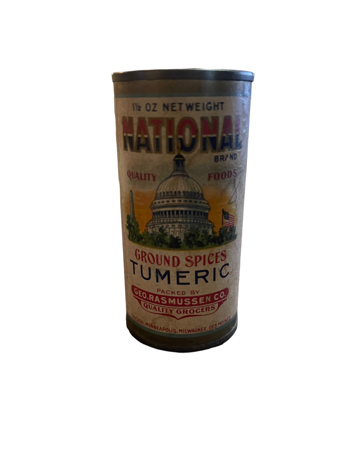 Vintage National Tumeric Spice Round Tin Geo Rasmussen Co. Chicago Des Moines
