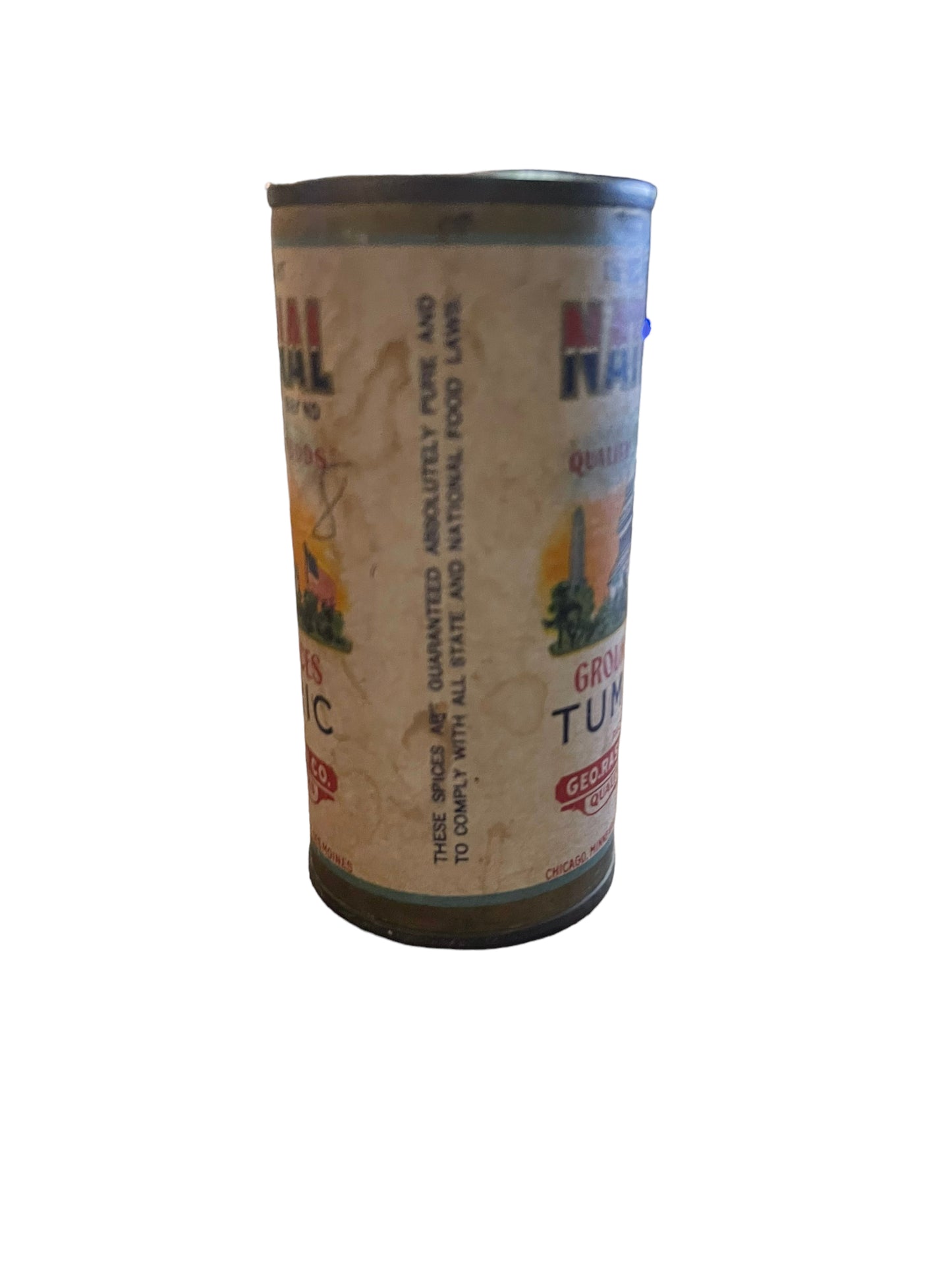 Vintage National Tumeric Spice Round Tin Geo Rasmussen Co. Chicago Des Moines