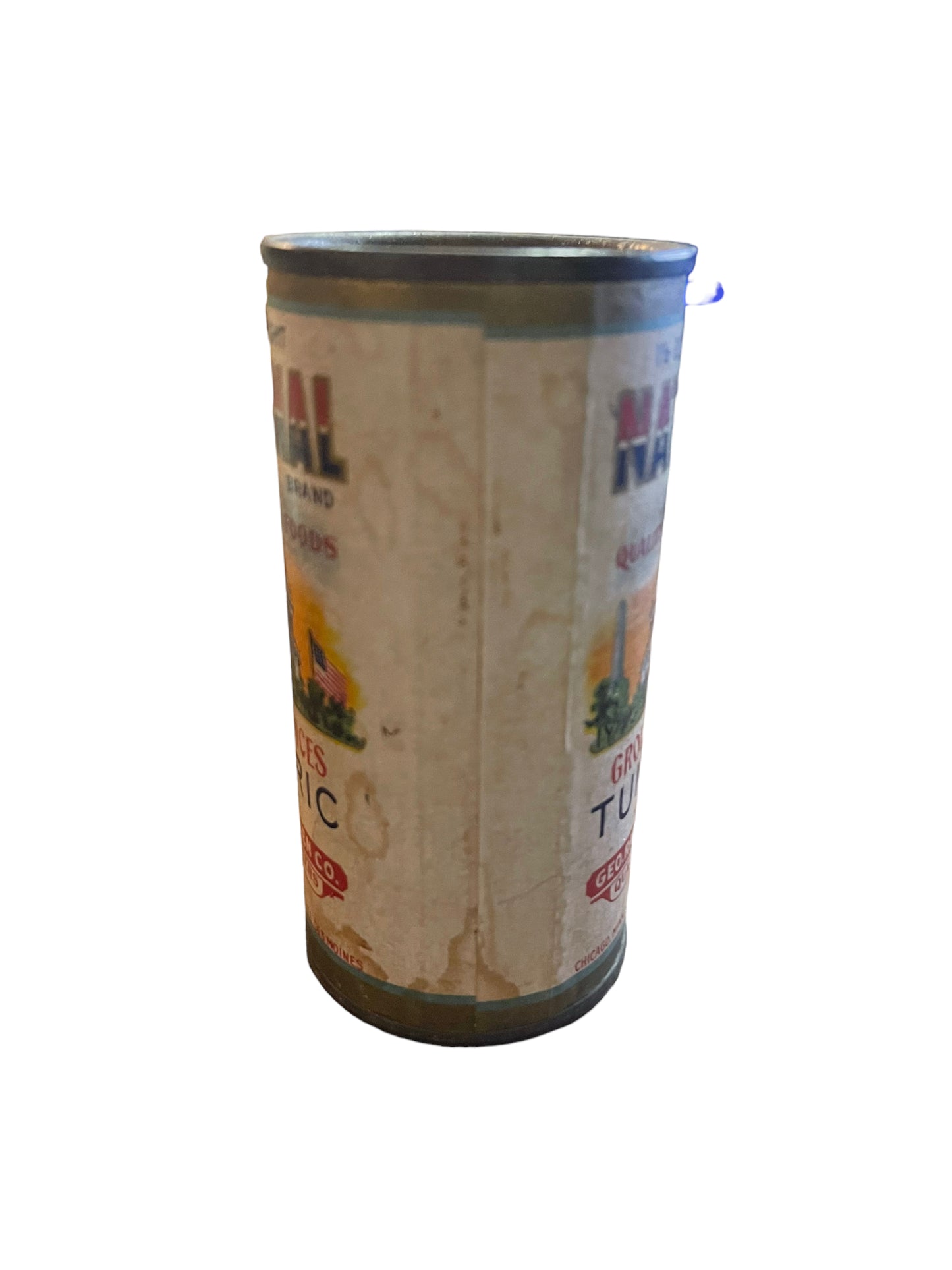 Vintage National Tumeric Spice Round Tin Geo Rasmussen Co. Chicago Des Moines