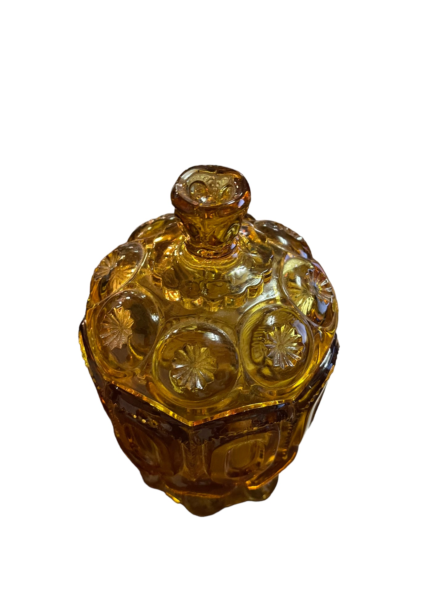 Vintage L.E. Smith Amber Footed Moon and Stars, Covered Sugar Dish