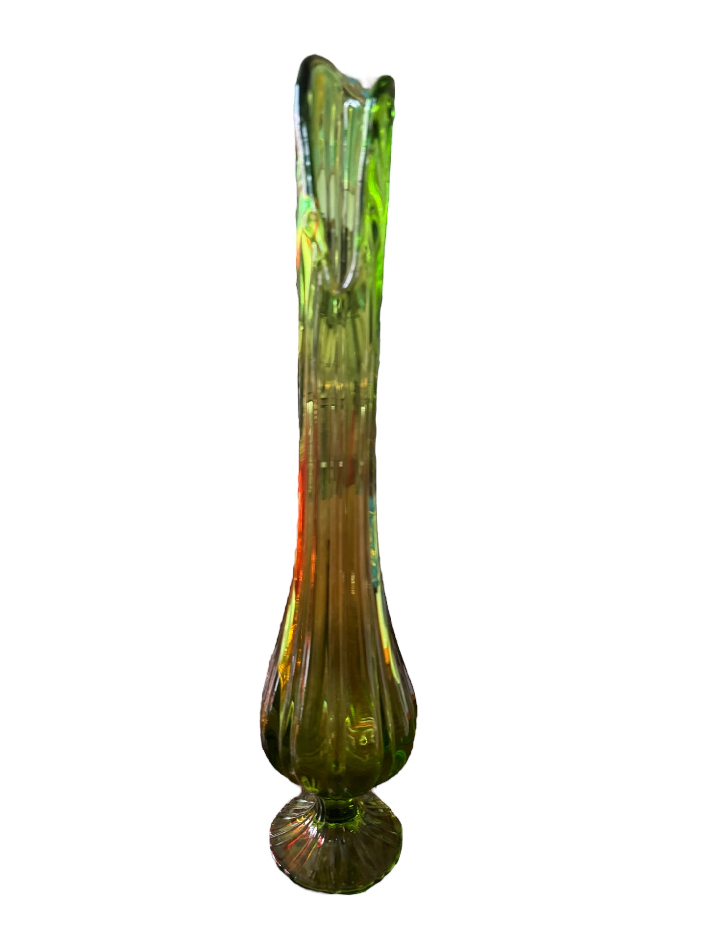 Vintage MCM LE Smith 15.5" Swung Glass Green Ribbed Pedestal Vase