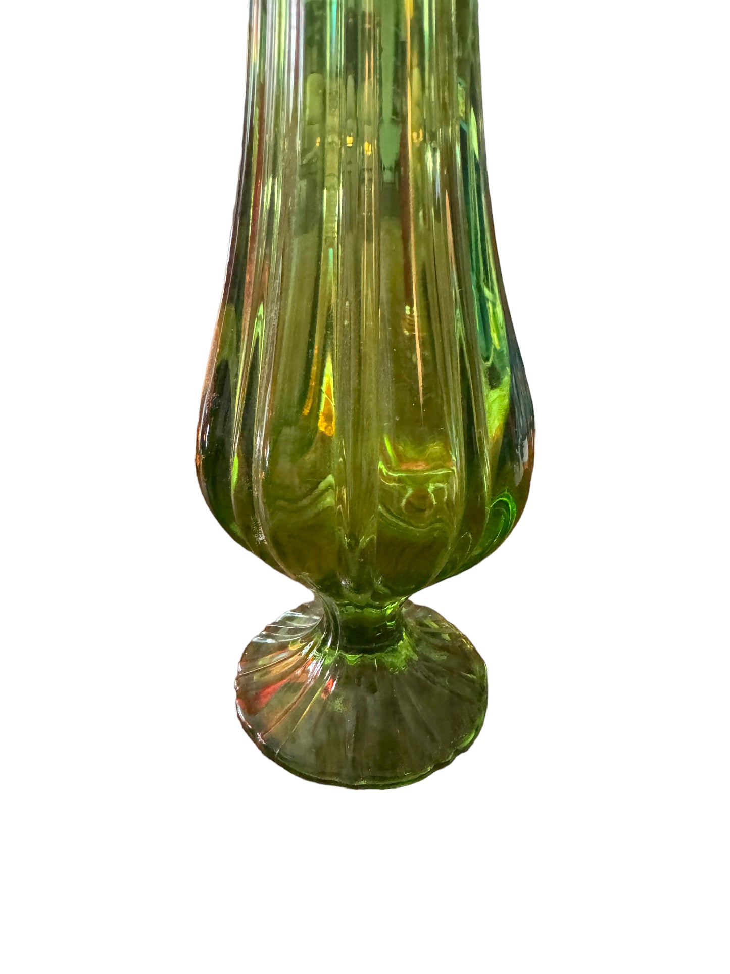 Vintage MCM LE Smith 15.5" Swung Glass Green Ribbed Pedestal Vase
