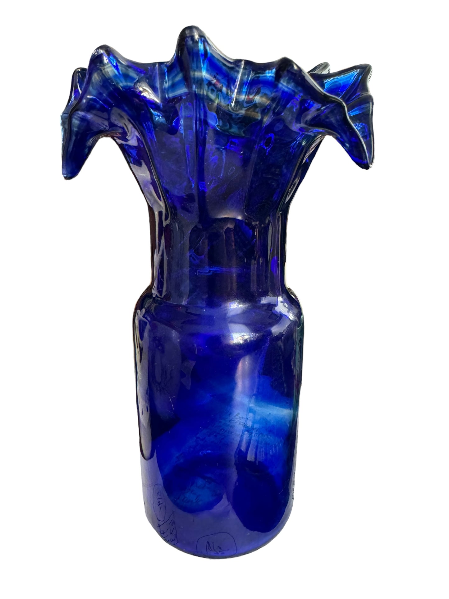 Cobalt Glass Blue Ruffled Top Flower Vase - Nice Thick Glass - Hand Blown