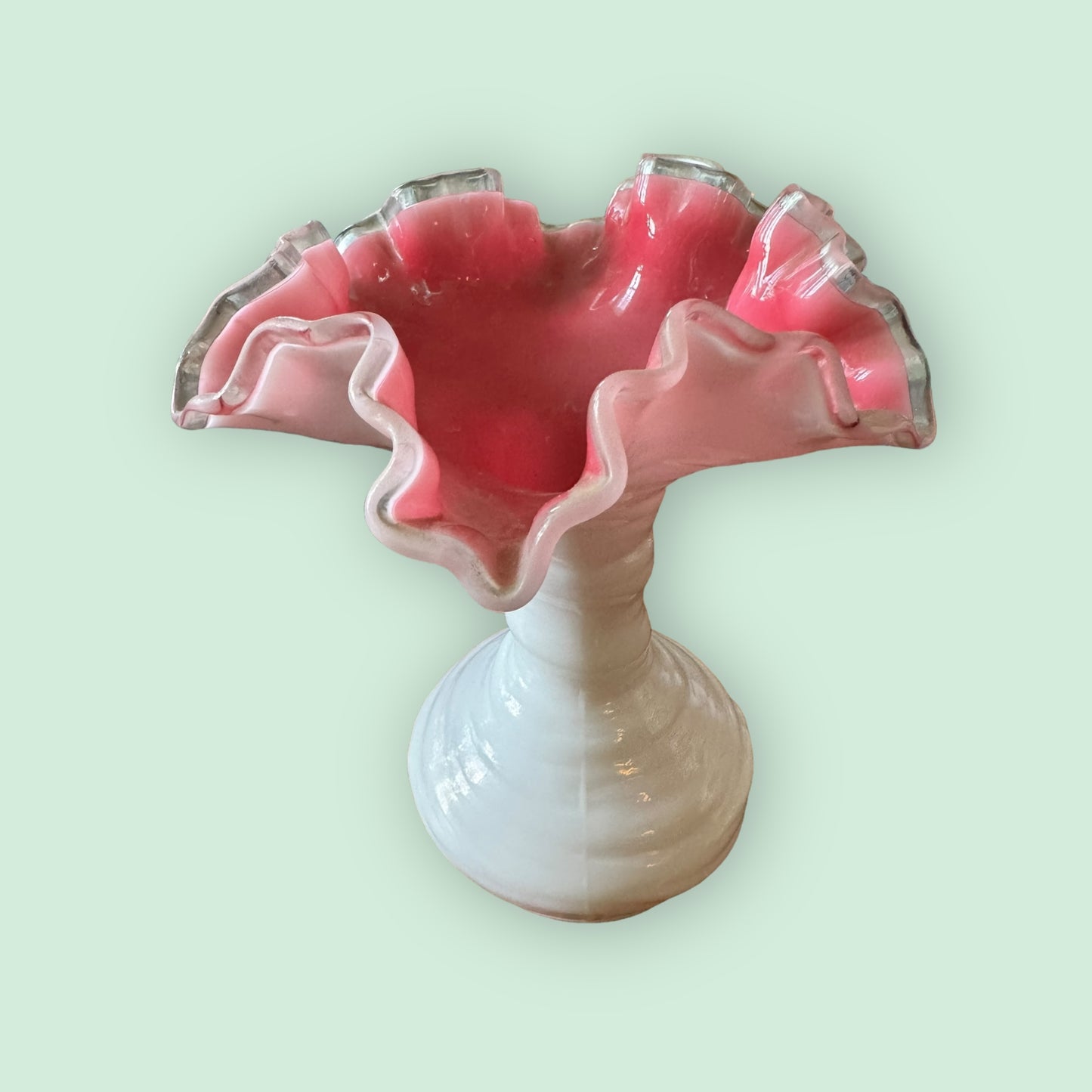 Fenton Vintage Pink Peach Cased In Milk Glass Crest Ruffle Vase