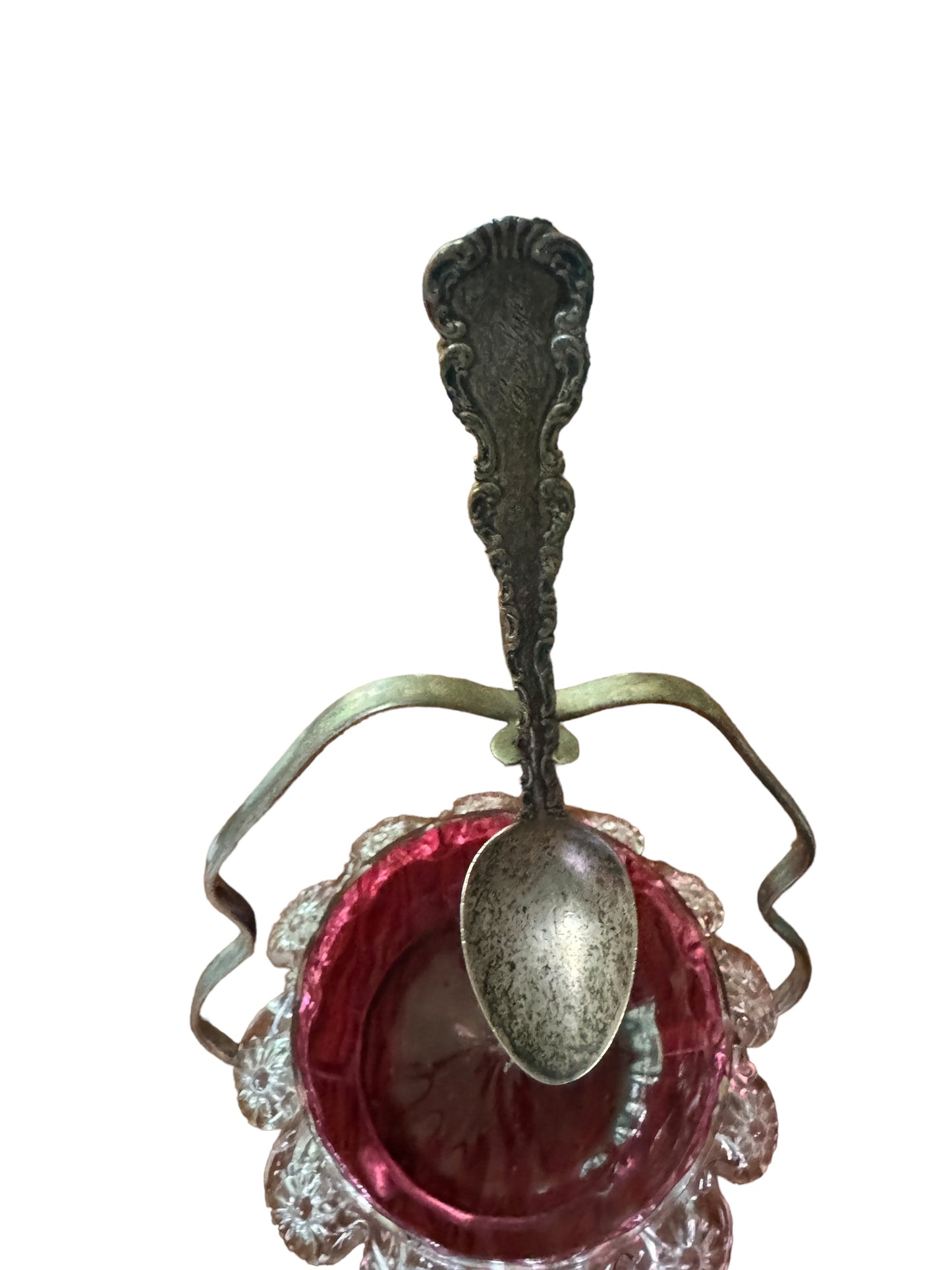 Antique Cranberry Glass Condiment / Spoon Holder Silver Spoon