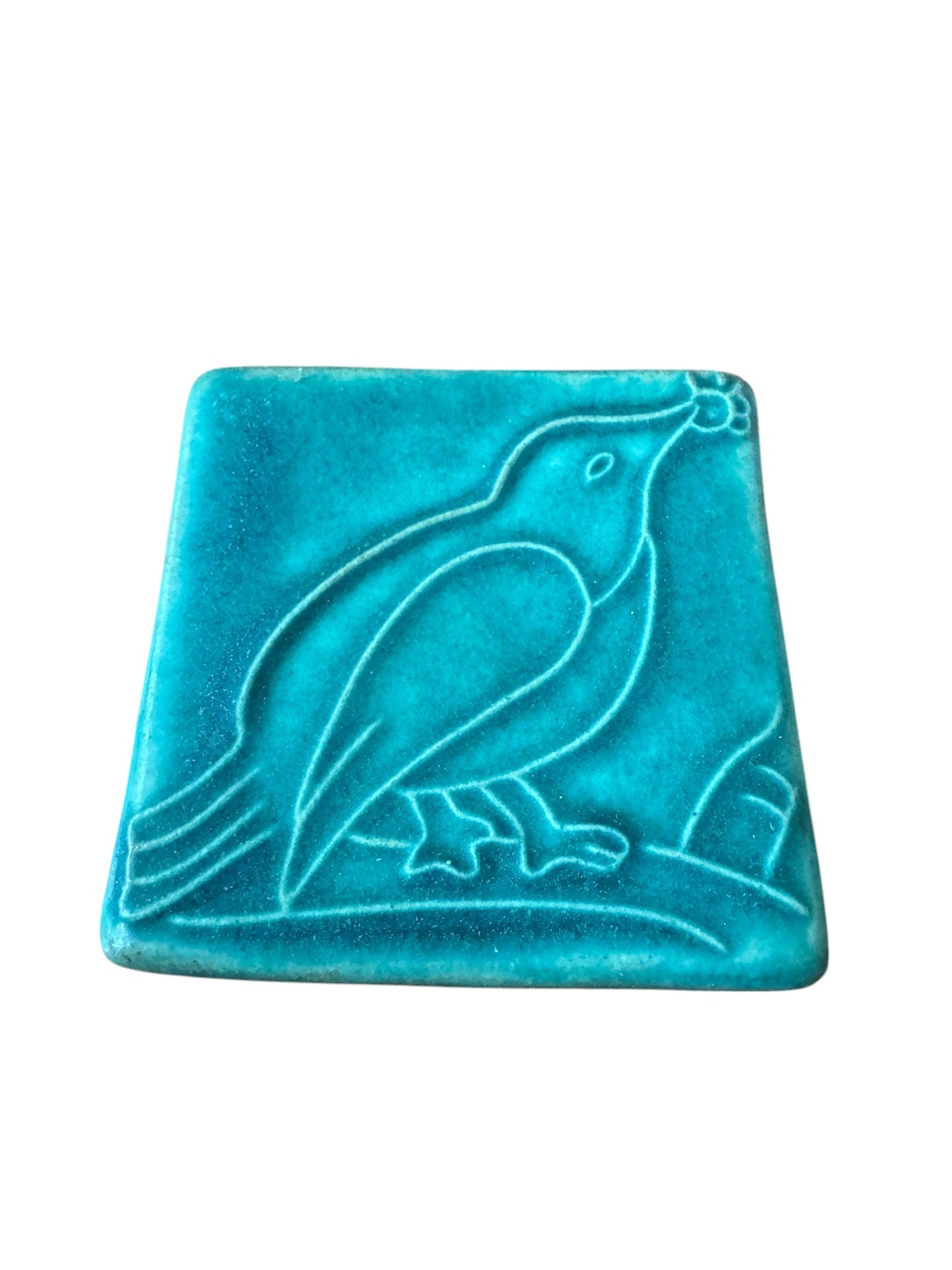 Pewabic Turquoise 2014 3x3 Bird with Berries Tile
