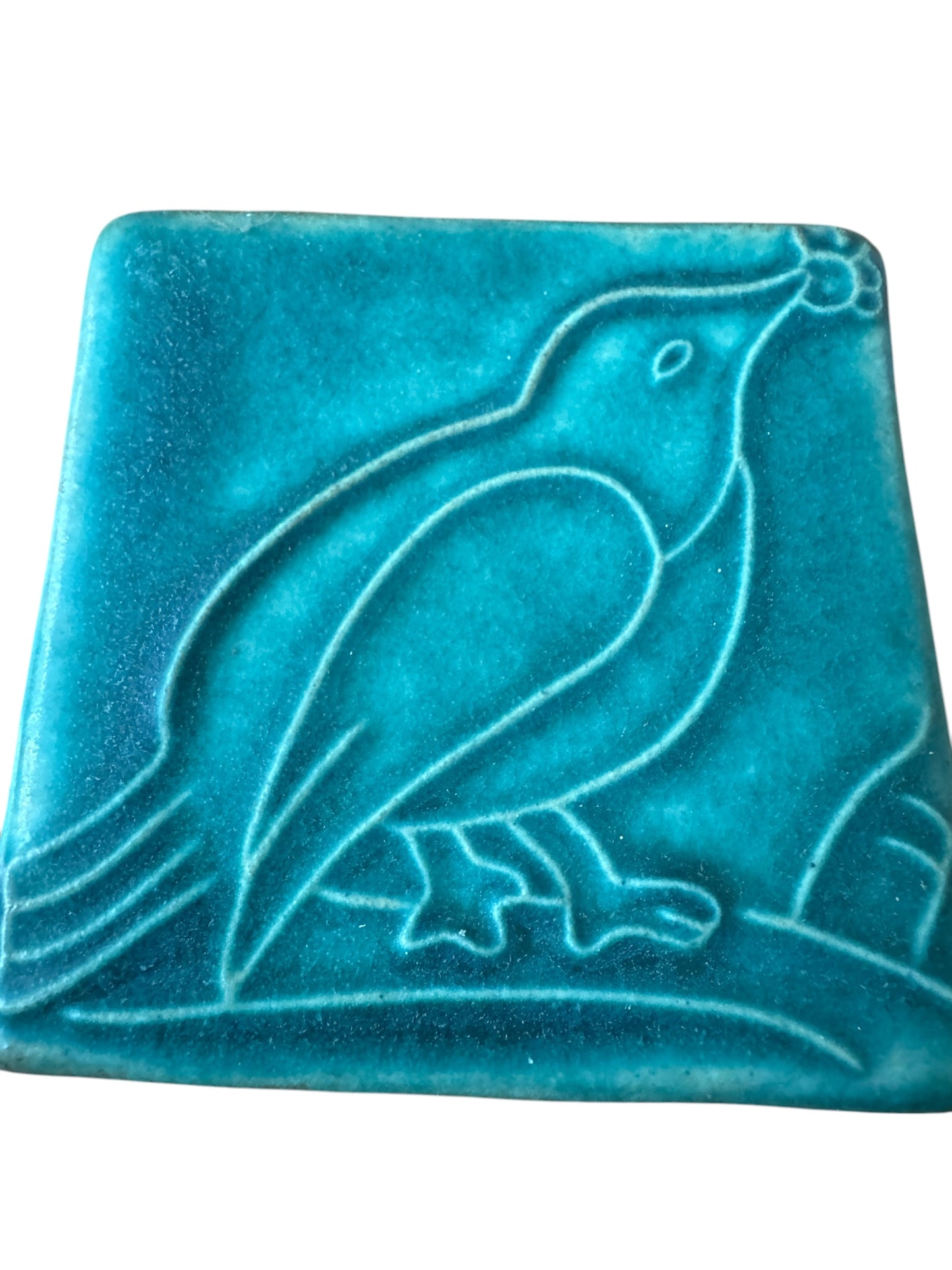 Pewabic Turquoise 2014 3x3 Bird with Berries Tile