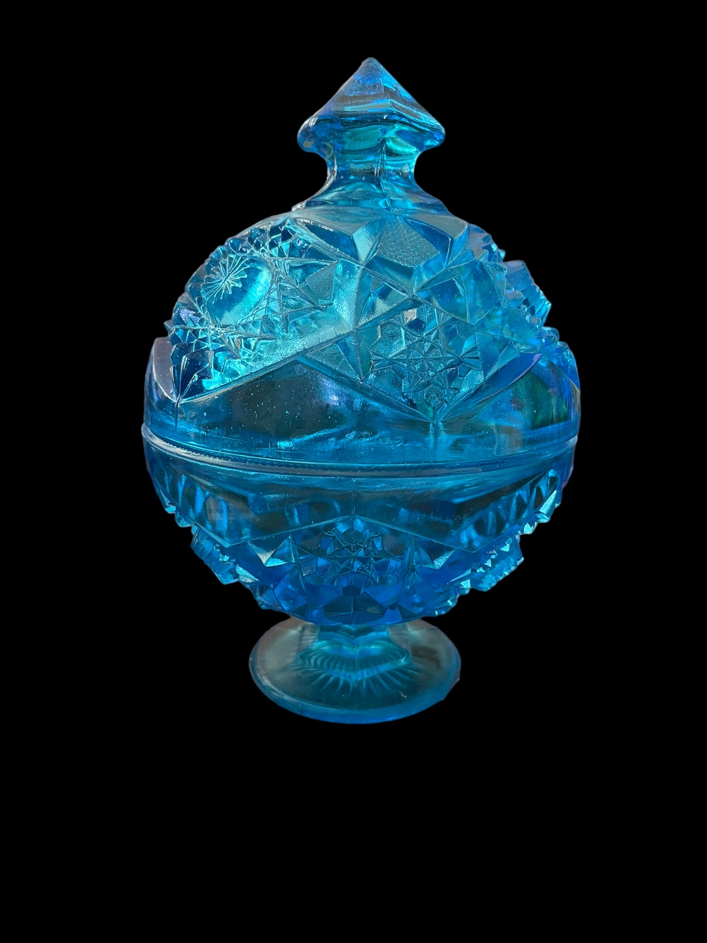 Vintage Kemple Hobstar and Fan Blue Covered Candy Dish 12"H