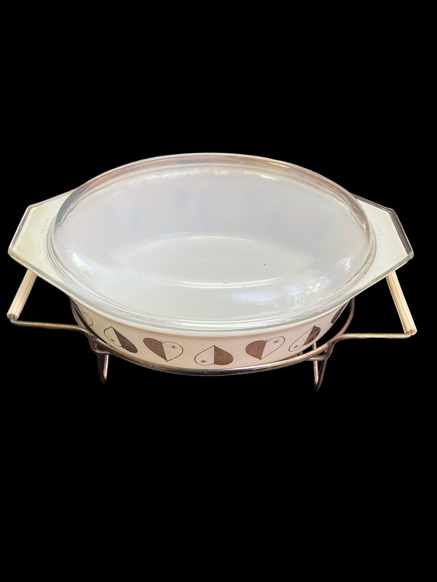 Vintage Pyrex #045 Casserole w/Lid, Cradle/Warmer, 2 1/2 Qt Golden Hearts Promo