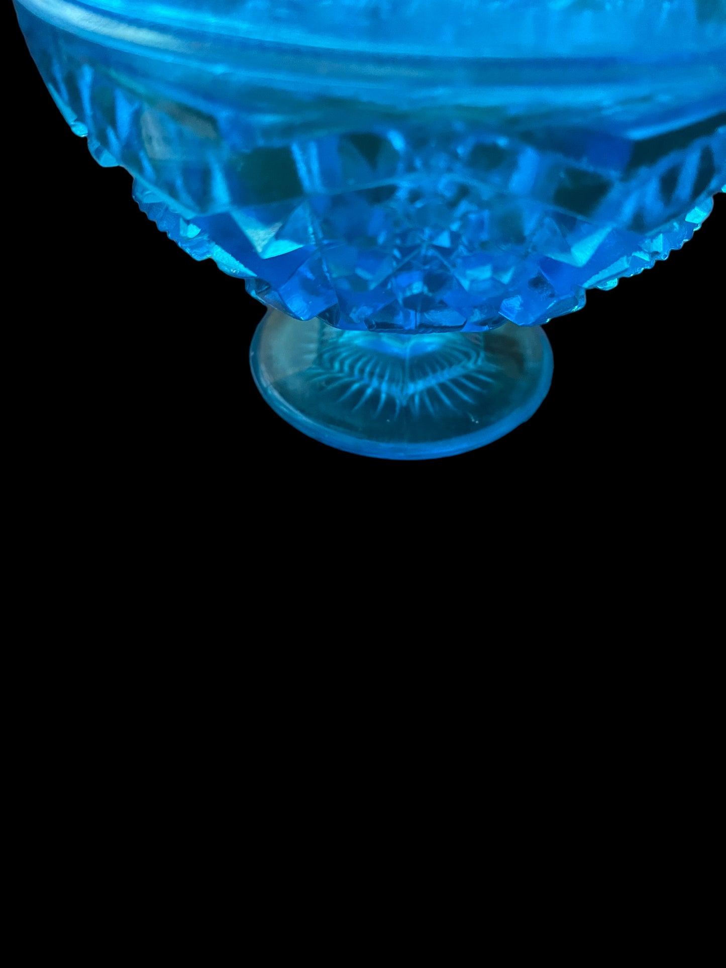 Vintage Kemple Hobstar and Fan Blue Covered Candy Dish 12"H