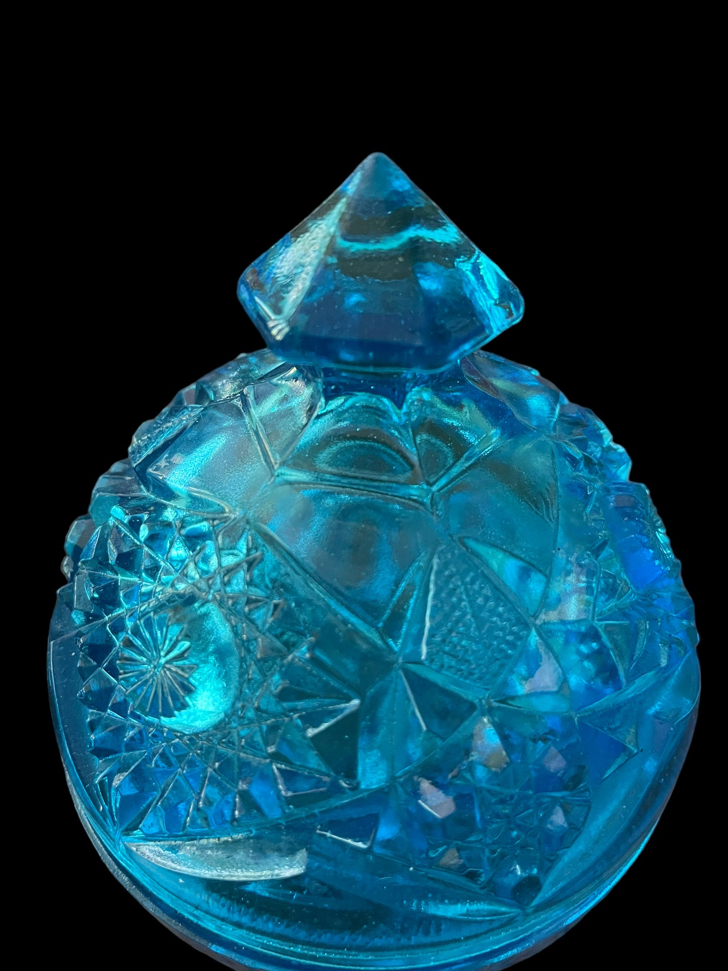 Vintage Kemple Hobstar and Fan Blue Covered Candy Dish 12"H