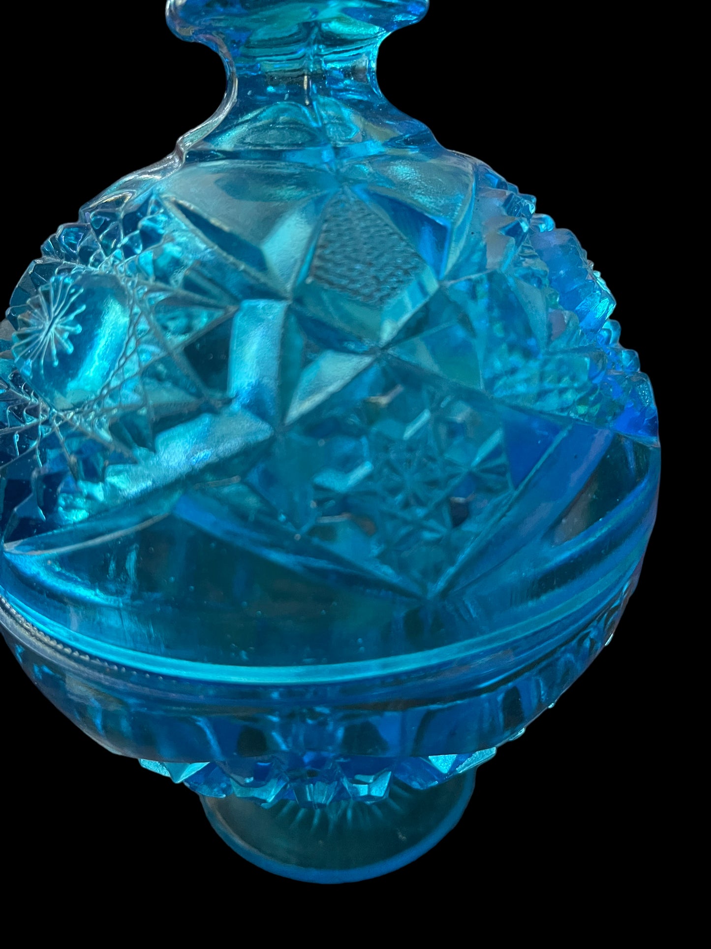Vintage Kemple Hobstar and Fan Blue Covered Candy Dish 12"H