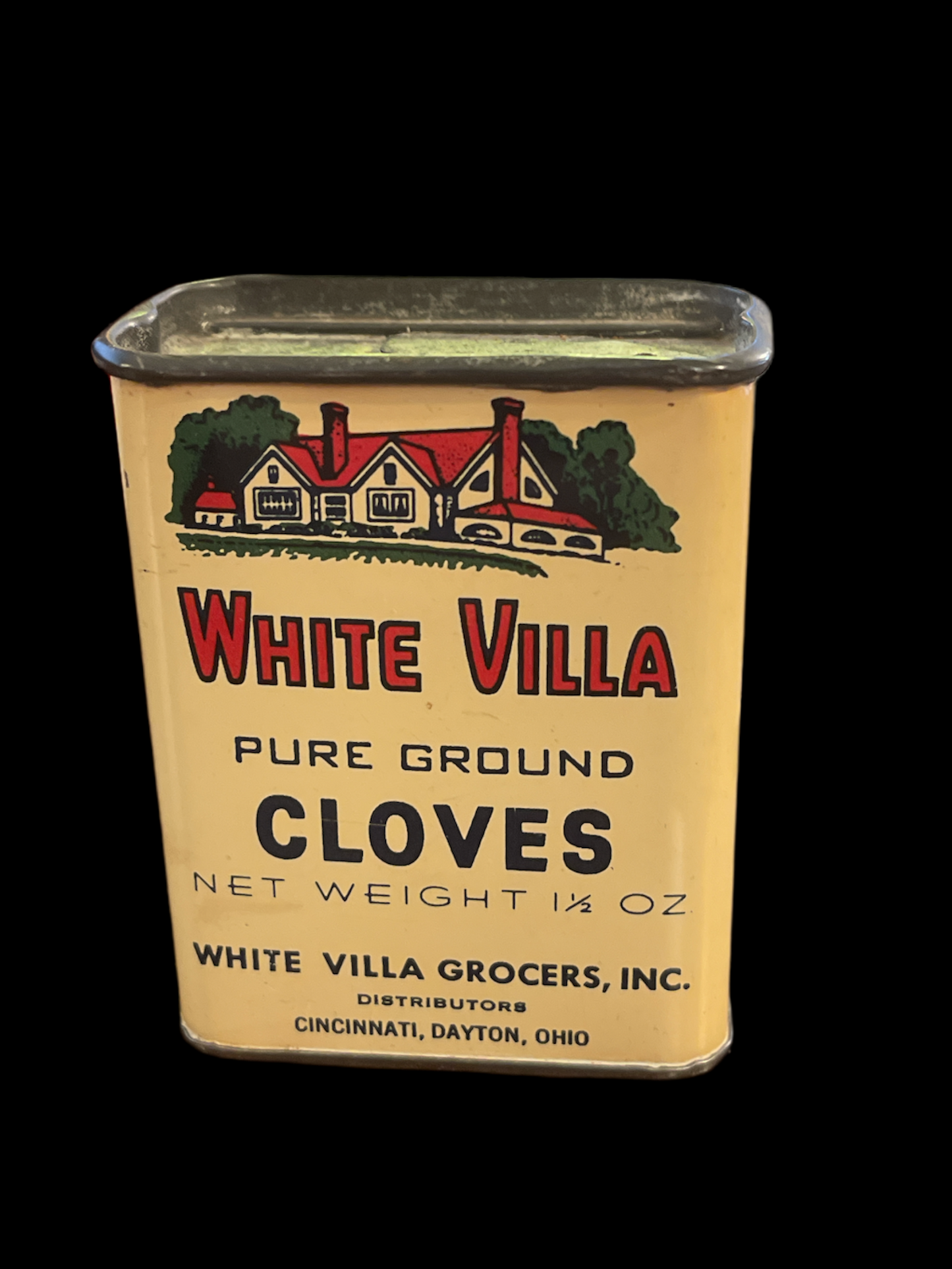 Vintage White Villa Grocers Cloves Spice Tin Cincinnati Dayton Ohio