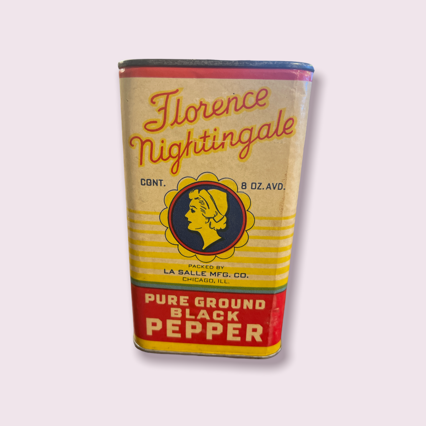 Vintage LARGE Spice Tin Florence Nightingale Pepper 8 OZ La Selle Mfg. Chicago IL