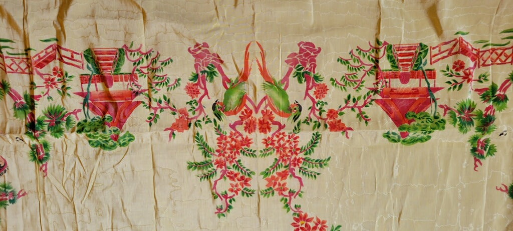 Antique Asian Inspired Hand Painted Bed Coverlet from Italy