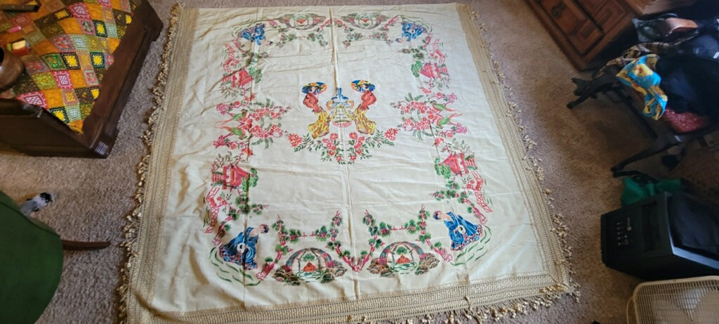 Antique Asian Inspired Hand Painted Bed Coverlet from Italy