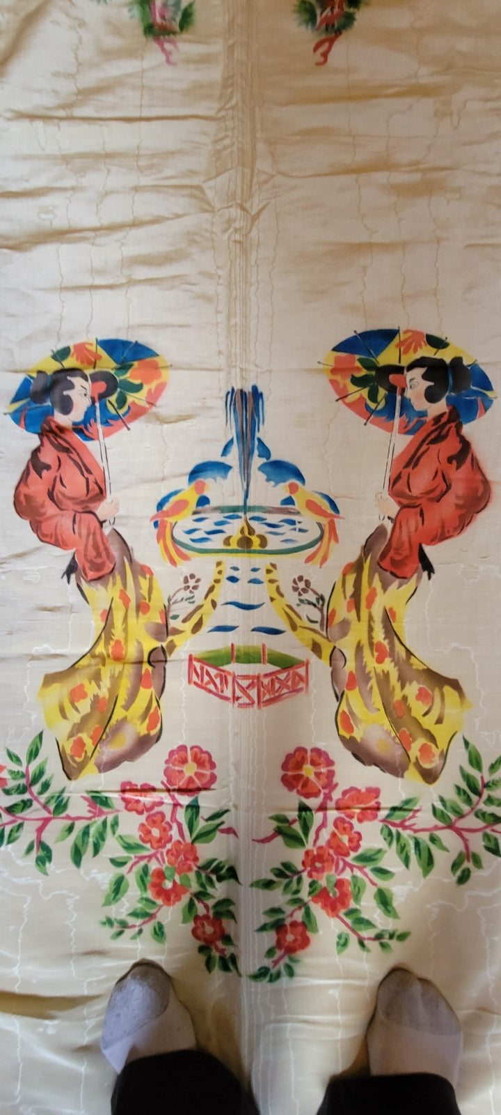 Antique Asian Inspired Hand Painted Bed Coverlet from Italy