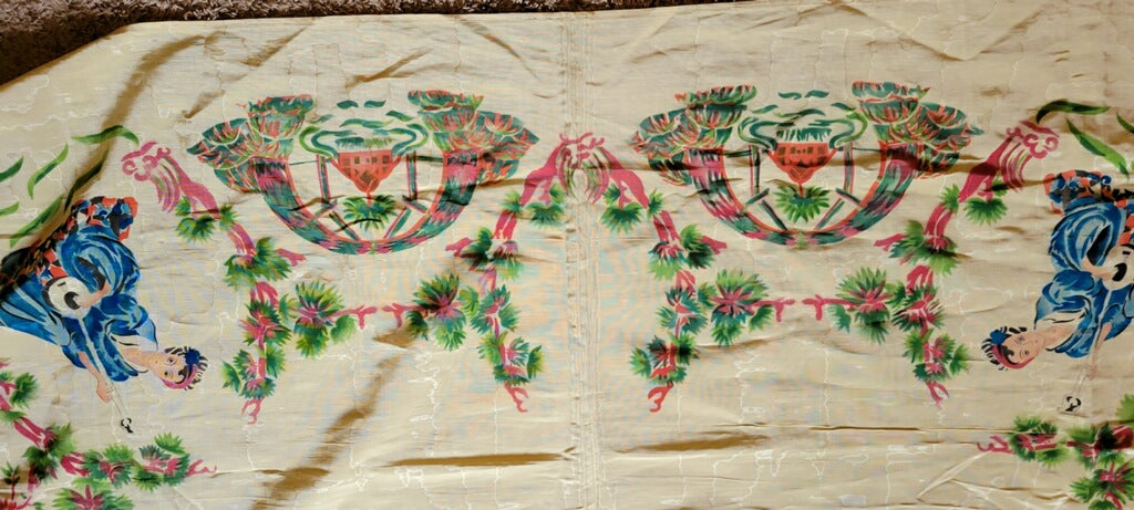 Antique Asian Inspired Hand Painted Bed Coverlet from Italy