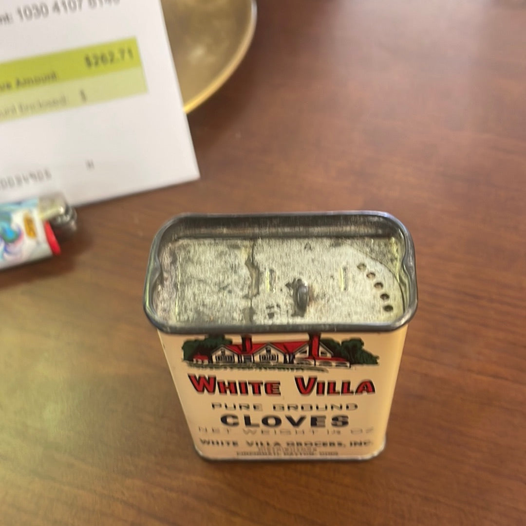Vintage White Villa Grocers Cloves Spice Tin Cincinnati Dayton Ohio