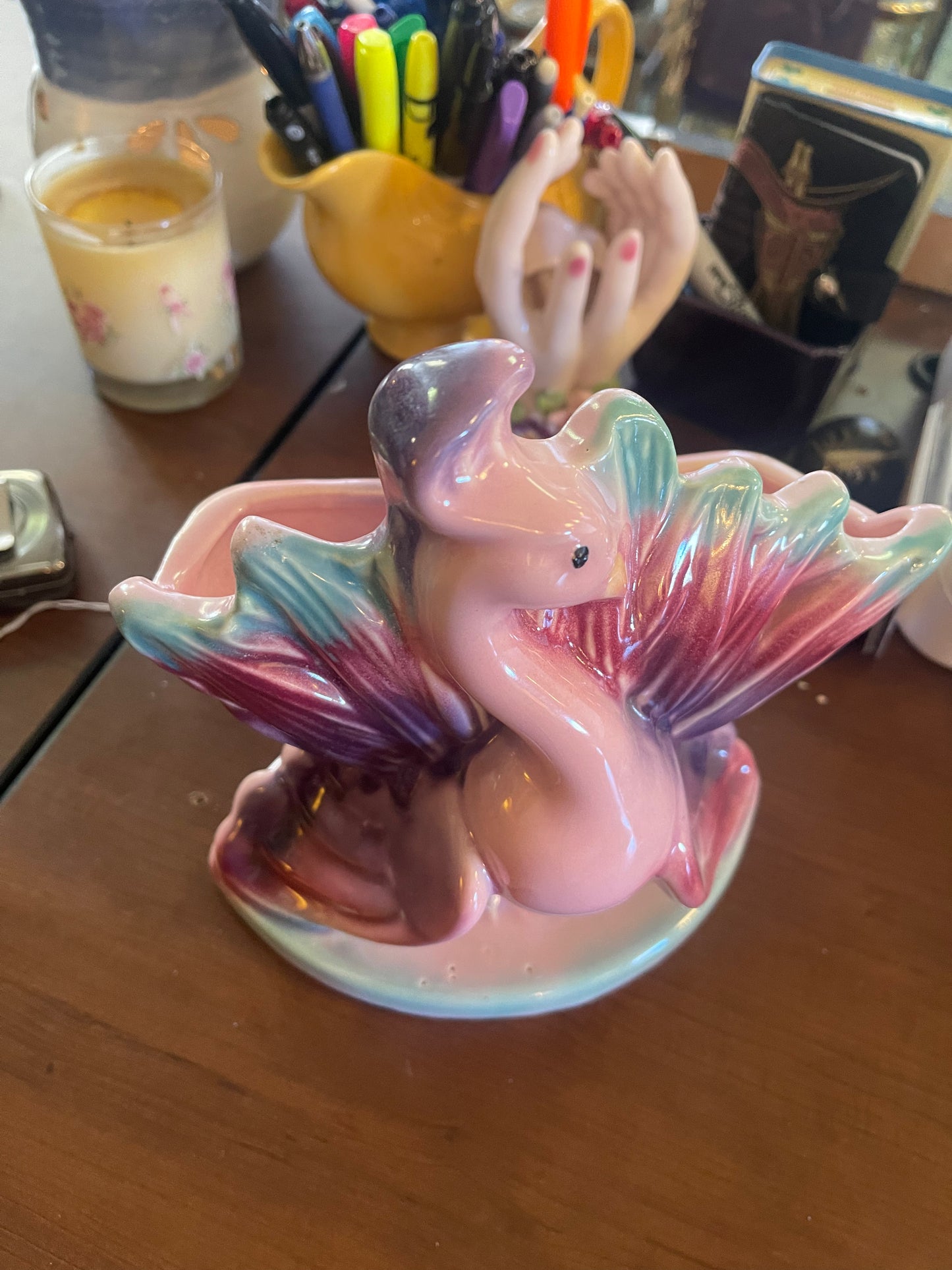 Antique Peacock almost 9" tall Ceramic Planter / Vase in Pink Green and Purple