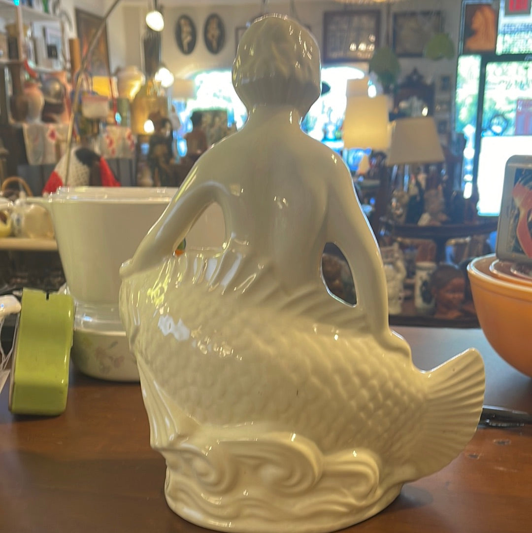 RRP Robinson Ransbottom Boy seated on Fish, Bird Bath Insert in Ivory / White