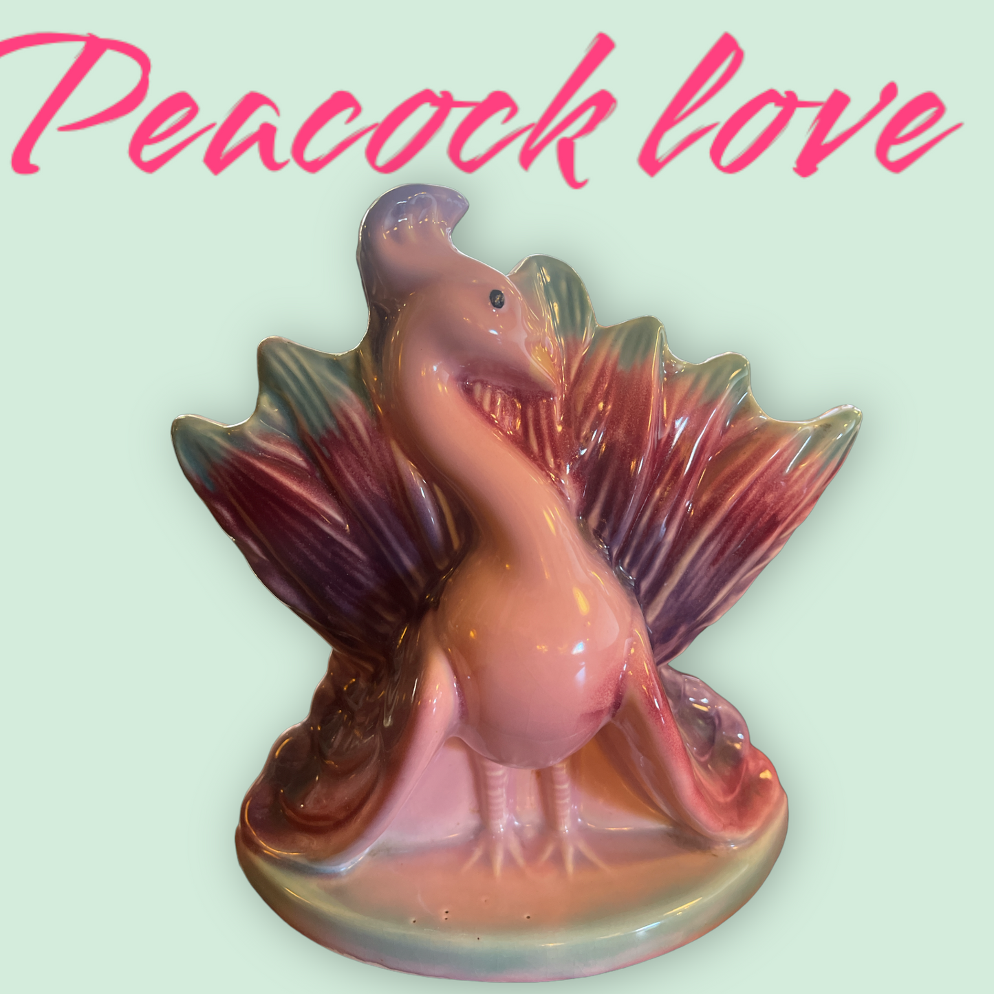 Antique Peacock almost 9" tall Ceramic Planter / Vase in Pink Green and Purple