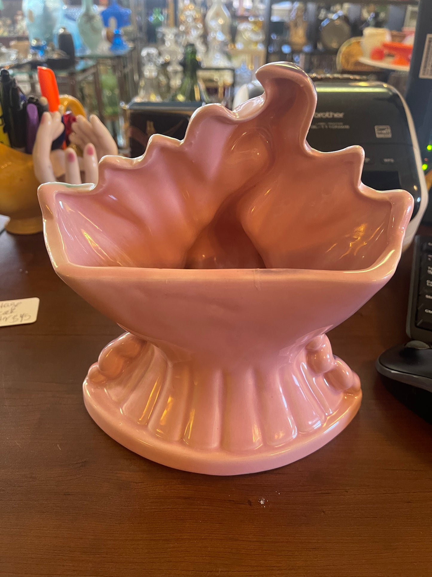 Antique Peacock almost 9" tall Ceramic Planter / Vase in Pink Green and Purple