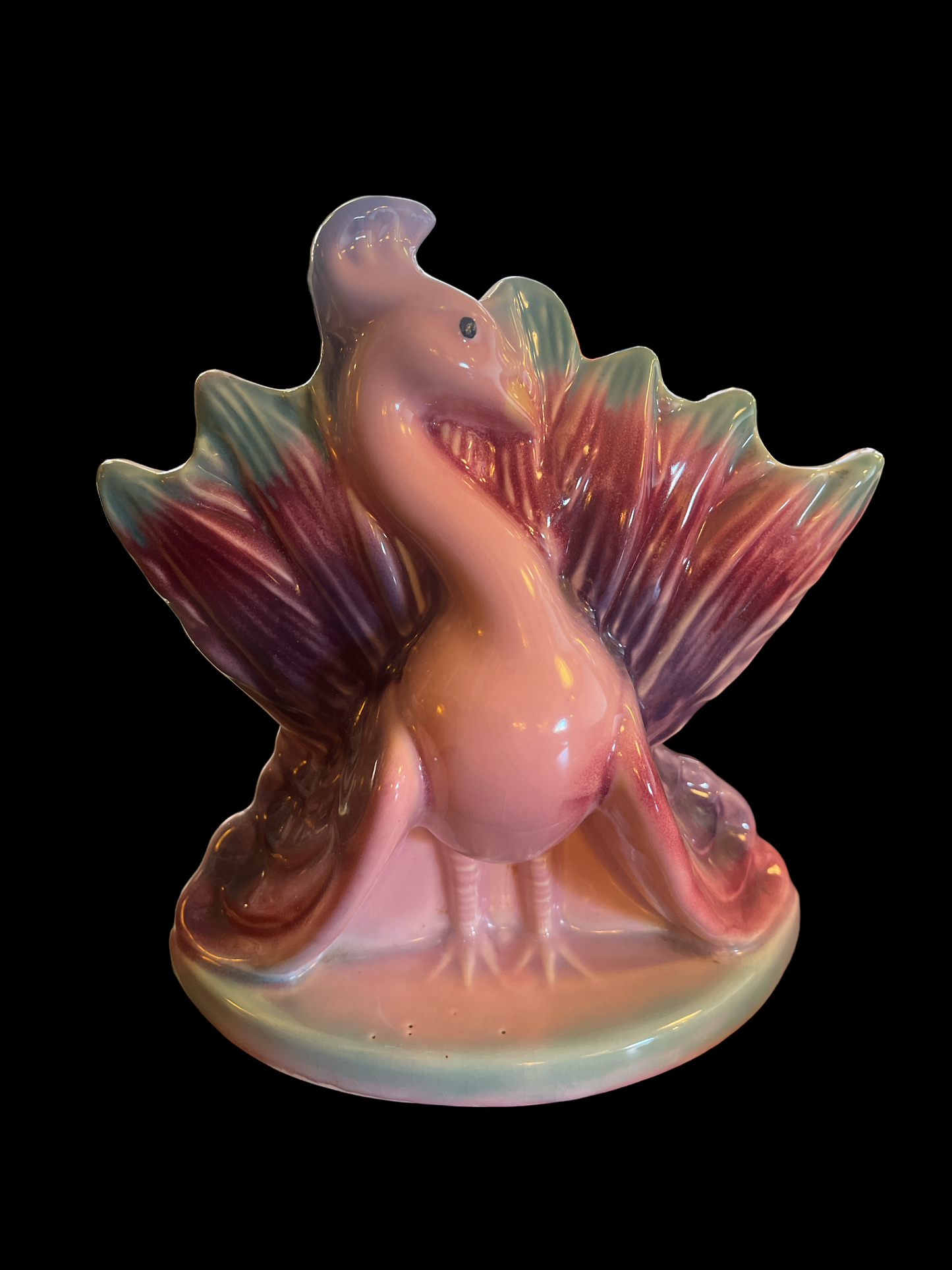 Antique Peacock almost 9" tall Ceramic Planter / Vase in Pink Green and Purple