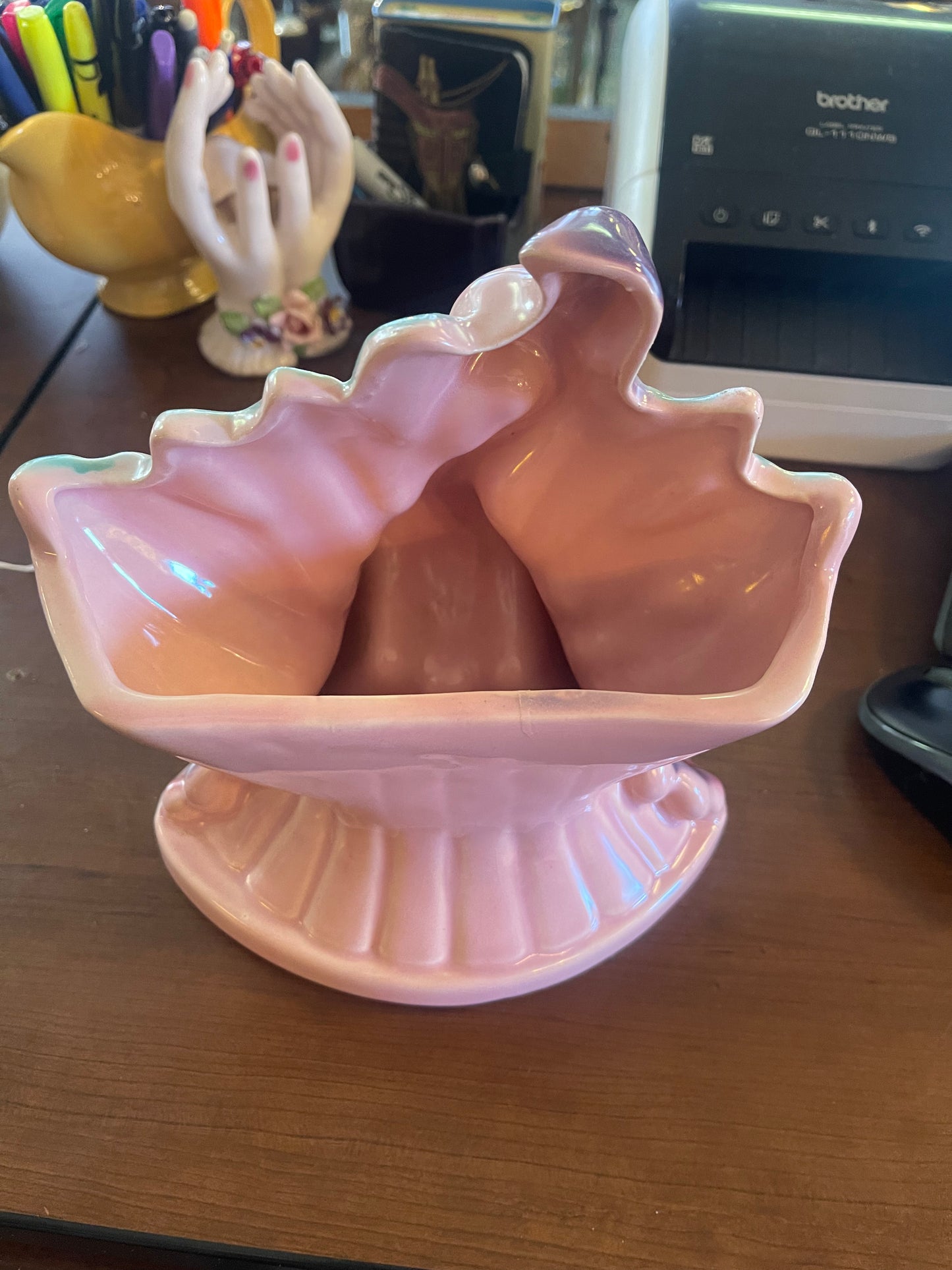 Antique Peacock almost 9" tall Ceramic Planter / Vase in Pink Green and Purple