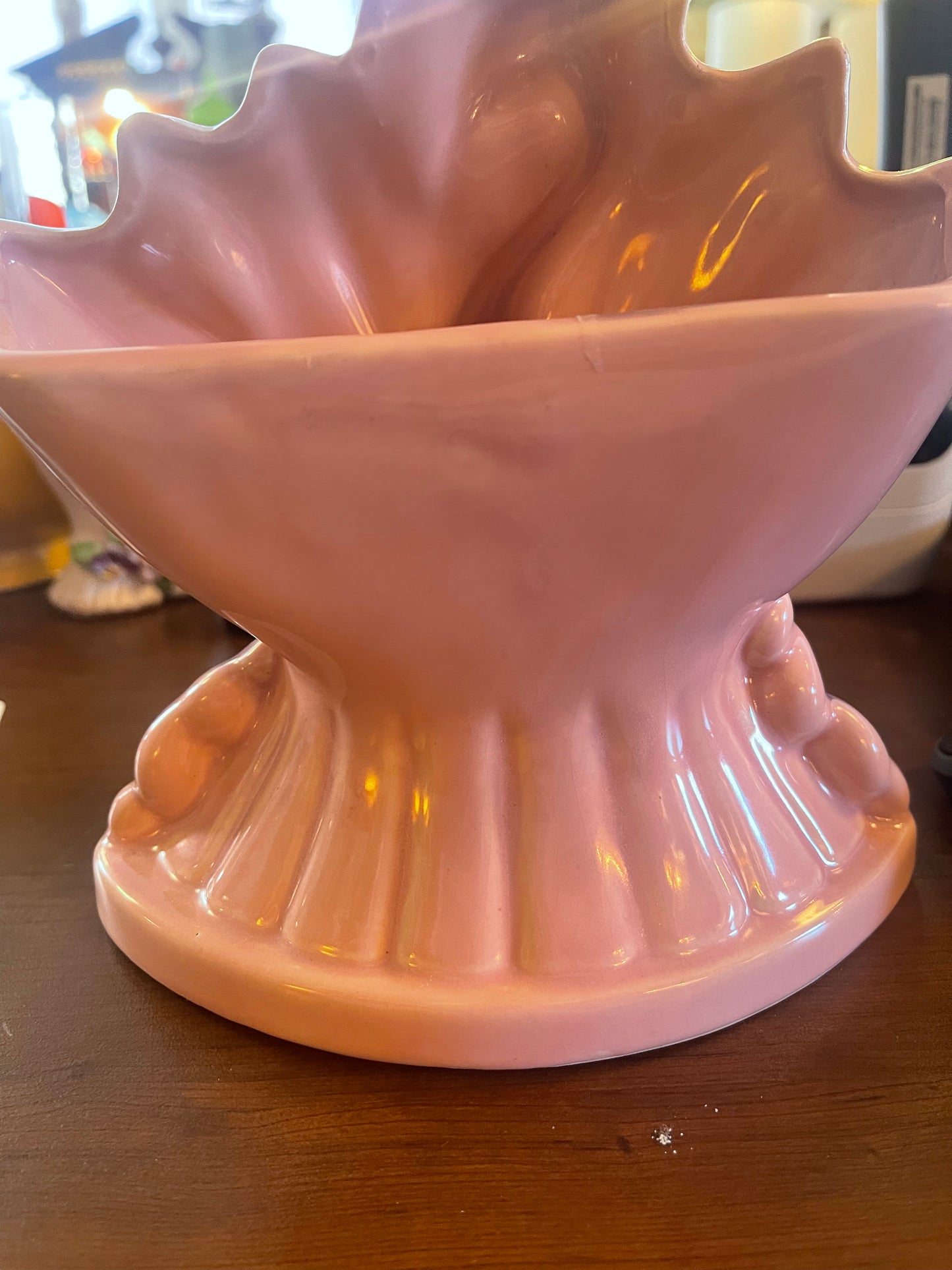 Antique Peacock almost 9" tall Ceramic Planter / Vase in Pink Green and Purple