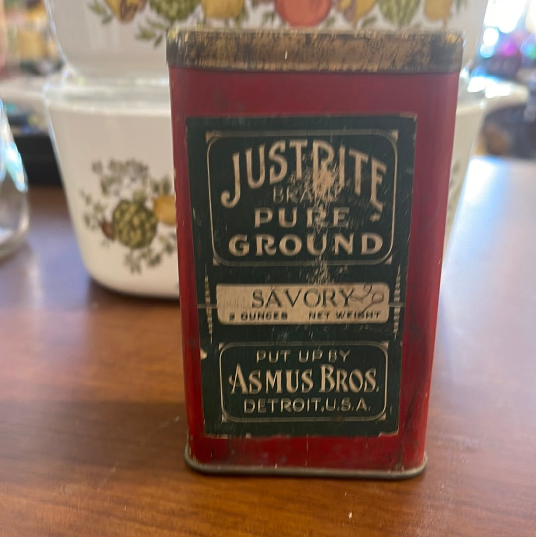 Vintage Just Rite Savory Spice Tin Detroit MI 2oz Asmus Bros.