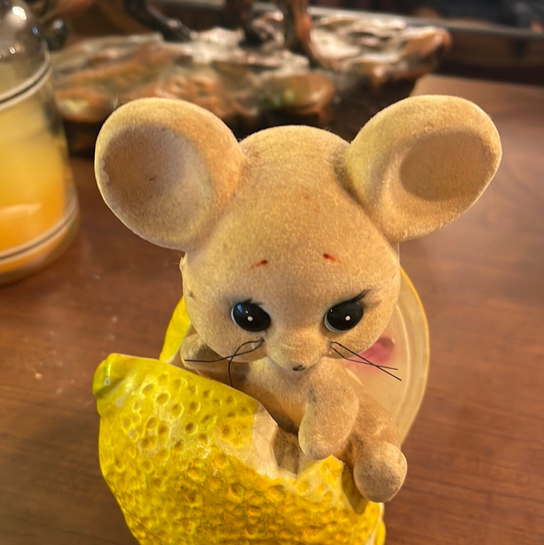 Vintage Flocked MOUSE in lemon Nodder BOBBLEHEAD Coin Piggy Bank